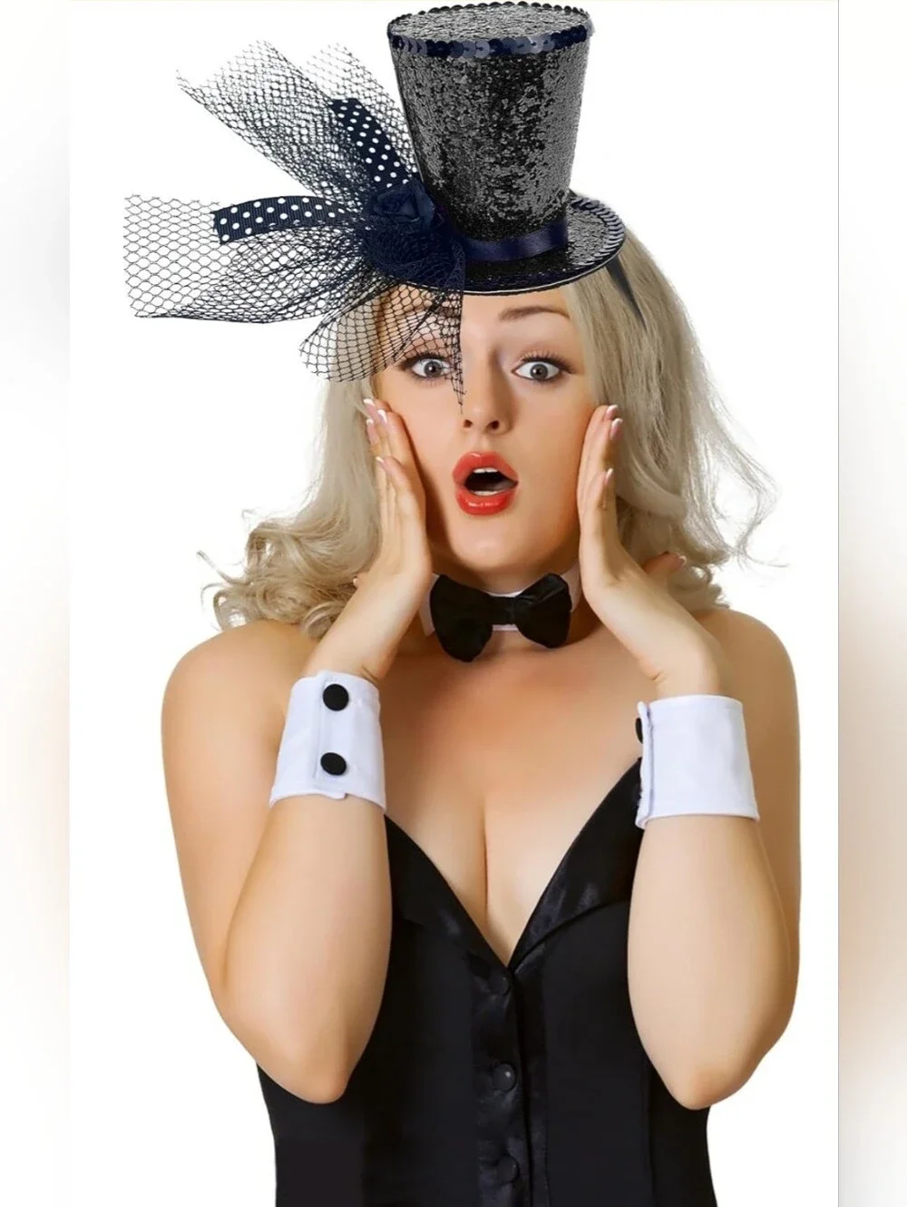 NWT Black Sequin Mini Top Hat Headband w/ Veil Music Festival Halloween Costume